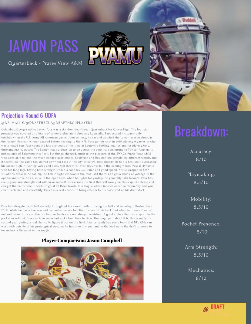 DraftHBCU's tweet photo. Over 25 quarterbacks at 6’5” or taller have been drafted historically, at the prototypical NFL height. Former Louisville QB Jawon Pass has an opportunity this season to lead Prarie View deep in the SWAC and establish what he can do w/ a clean slate. 

Check out our thoughts 🏈 https://t.co/EgoiYDd7FW