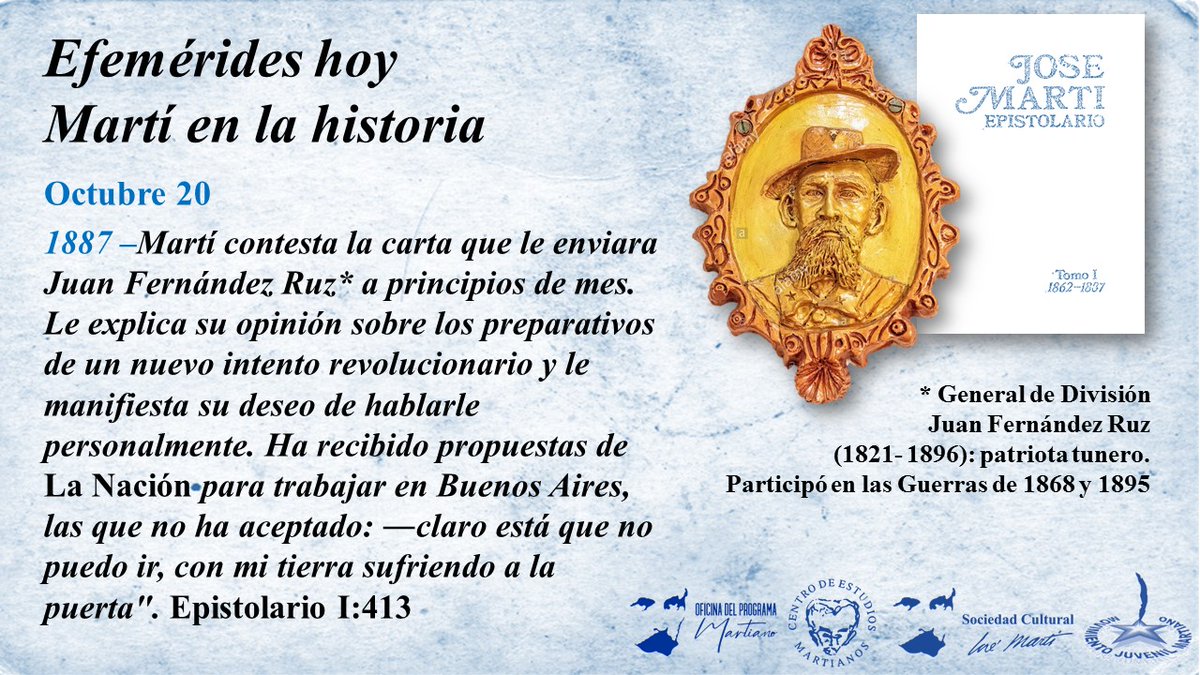 ¿Qué aconteció en la vida de #JoséMartí un día como #Hoy #20deOctubre?
#EfeméridesHoy #MartíEnLaHistoria🇨🇺
#JornadaCulturaCubana #CubaEsCultura 
<a href="/CentroMartianos/">Centro de Estudios Martianos</a> <a href="/scjosemarti/">Sociedad Cultural José Martí 🇨🇺</a> @JuvenilMartiano <a href="/MemorialJMarti/">Memorial José Martí 🇨🇺</a> <a href="/BiblioNacCuba/">Biblioteca Nacional de Cuba José Martí</a> <a href="/CasAmericas/">Casa de las Américas</a> <a href="/AniaMarn3/">Ania Marín</a> <a href="/triana_alexis/">Alexis Triana Hernández</a>