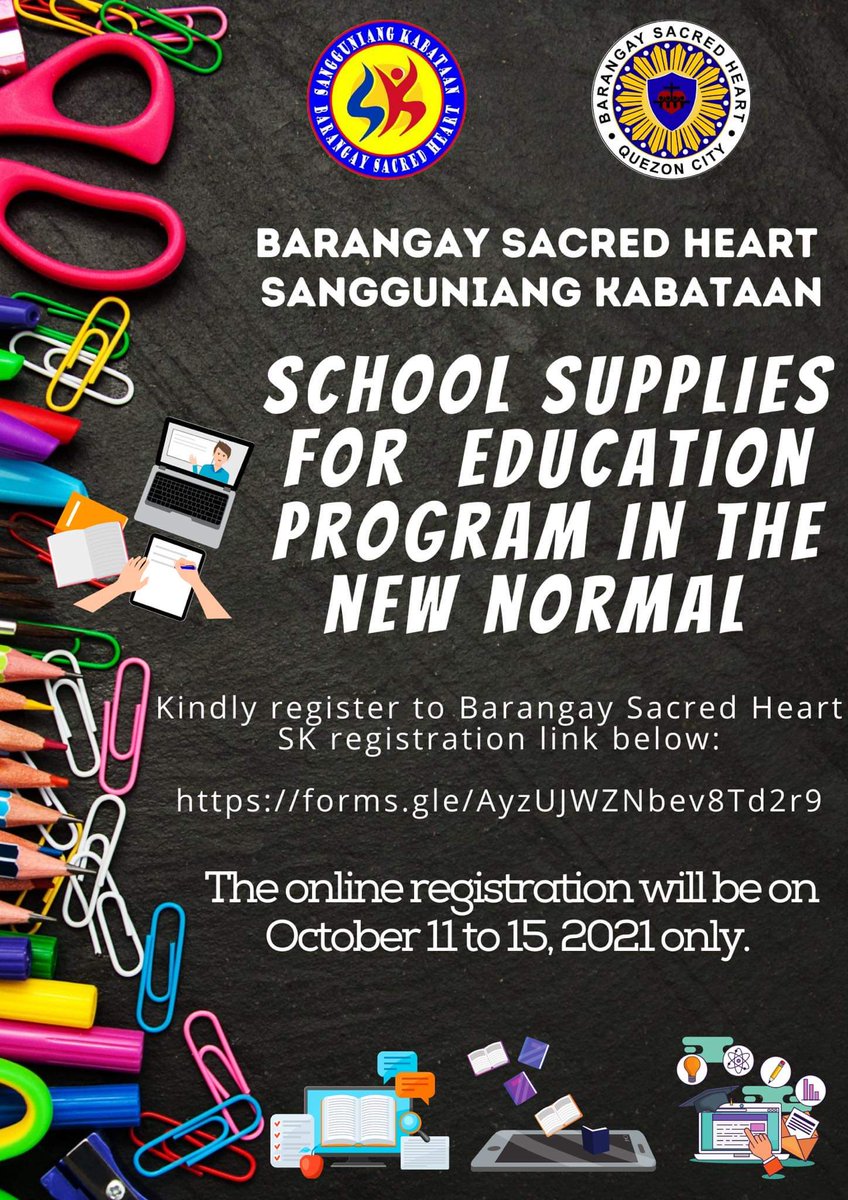 SKSacre's tweet photo. Itong proyekto pong ito ay nakalaan po para sa mga kasalukuyang residente sa Barangay Sacred Heart mula sa Kinder hanggang Kolehiyo at kasalukuyang nag-aaral o naka-enroll para sa Taong Panuruan 2021-2022. Bukas lamang itong listahan mula Oktubre 11hanggang 15, 2021.

3/4 https://t.co/POQraiYzfc