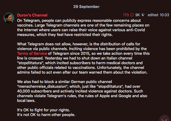 prenass's tweet photo. A matéria afirma que o @telegram não tem moderação. Mas tem.

P.ex., bloqueia canais que incitam a violência. Não deveria uma matéria de 10out21 fazer referência, mínima que fosse, a essa nota do dia 29set2021? Ou aos termos da uso da plataforma?

https://t.co/GuSGekLTUj https://t.co/tAcqKt82Gd