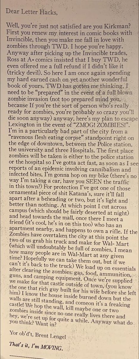 SnowWhiteBones's tweet photo. So, here's a letter #SWZA writer/creator @BrentonLengel wrote to @RobertKirkman just a few issues in to the run of #TheWalkingDead while attending college. Over a decade later, it kinda puts quite a bit of our @ringoawards-nominated series in context. ;) https://t.co/Kr5YV35gSL