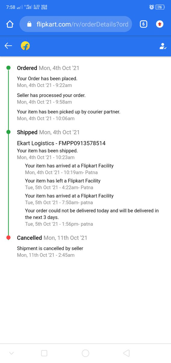 narayan78608297's tweet photo. @Flipkart @flipkartsupport 
I have ordered a smartphone on 4th Oct in #BigBillionDays it is to be delivered on 5th, but delayed to 7th, and then to 13th. Now it has been canceled.
Help me.
@ConsumerReports @consumerforum_ https://t.co/1T4GwHGHSM