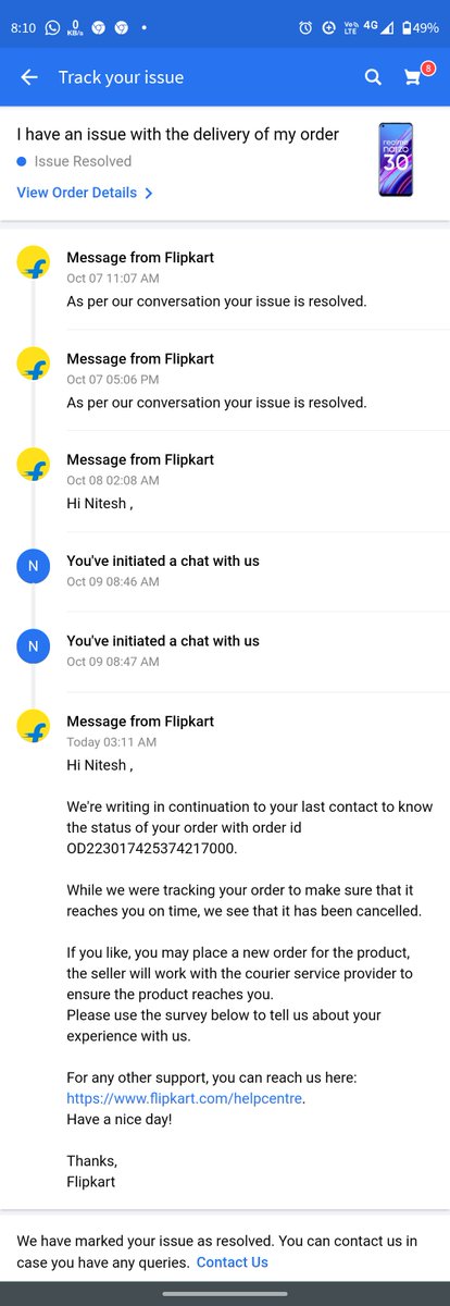 narayan78608297's tweet photo. @Flipkart @flipkartsupport 
I have ordered a smartphone on 4th Oct in #BigBillionDays it is to be delivered on 5th, but delayed to 7th, and then to 13th. Now it has been canceled.
Help me.
@ConsumerReports @consumerforum_ https://t.co/1T4GwHGHSM