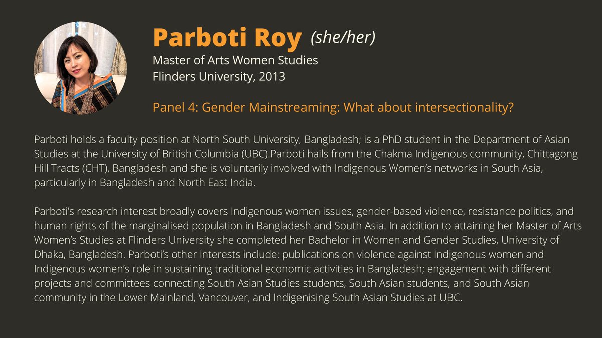 Next speaker is Parboti Roy our <a href="/AustraliaAwards/">Australia Awards</a> Master of Arts in Women's Studies alumna from 🇧🇩. Parboti is a proud member of the Chakma Indigenous community. <a href="/hiennguyenrcx/">Hien</a> <a href="/ThuyChauNguyen/">Thuy Chau Nguyen</a> <a href="/Thien_Nguyen_89/">Thien Nguyen</a> <a href="/sonasterisk/">Son Vivienne</a>