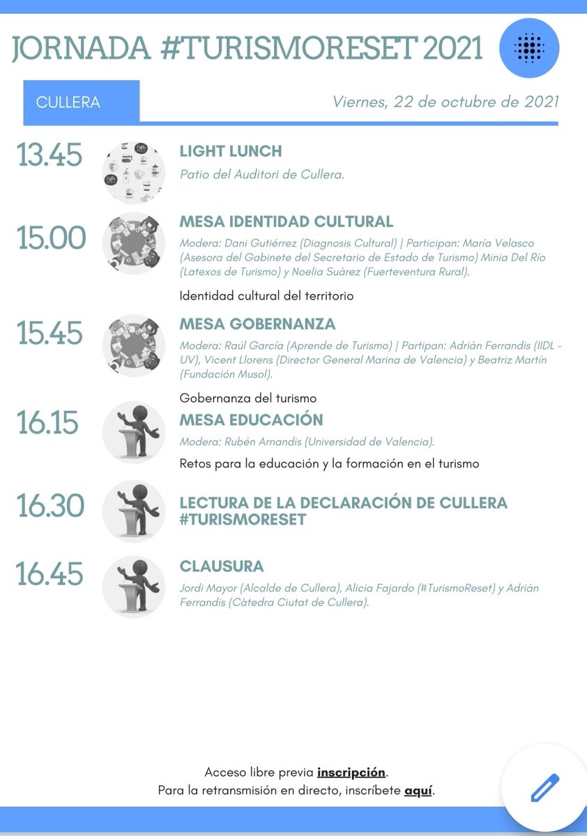 El próximo viernes 22 de octubre no puedes perderte la Jornada #TurismoReset en #Cullera. Una oportunidad de encuentro y reflexión sobre el turismo sostenible y los principios del manifiesto <a href="/turismoreset/">#TurismoReset</a>.
✏presencial docs.google.com/forms/d/e/1FAI…
✏virtual docs.google.com/forms/d/e/1FAI… /1