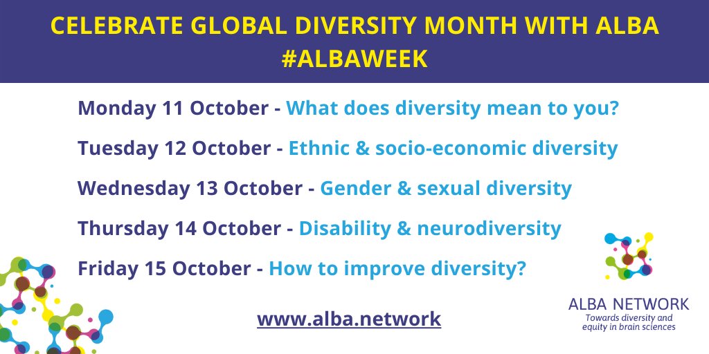network_alba's tweet image. Celebrate #GlobalDiversityAwarenessMonth with #ALBAWeek
In the following days, we will address the different dimensions of diversity in the brain sciences by highlighting ALBA&apos;s activities and partner organisations.

See the programme below and follow #ALBAWeek to participate.