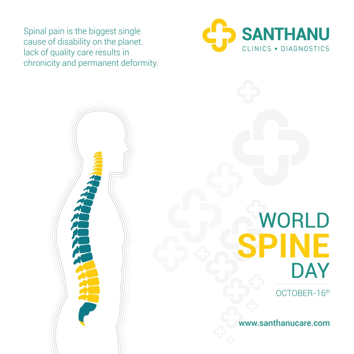 One of the most common complaints across the world is of back pain. With adopting correct posture of the spine we can tackle it with ease. World Spine Day!

#WorldSpineDay #Healthcare #GetSpineActive #Spine #Backpain #ProtectYourSpine #WorldSpineDay2021 #Clinics #Diagnostics