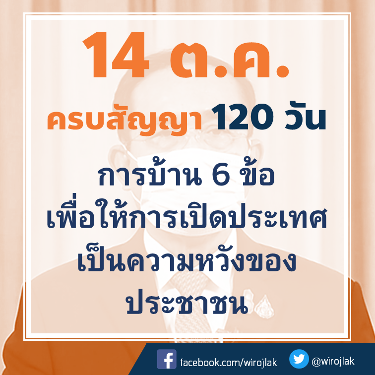 wirojlak's tweet photo. 14 ต.ค. นี้ จะครบ 120 วัน ที่ พล.อ.ประยุทธ์ ให้คำมั่นเปิดประเทศ

การระบาดที่แพร่กระจายไปยัง ตจว. การทยอยเปิดประเทศ จำเป็นต้องมียุทธศาสตร์ และเกณฑ์ที่ชัด 

รัฐบาลต้องทำให้โควิดเป็น Normality ให้ได้เสียก่อน และนี่คือการบ้าน 6 ข้อ ที่ พล.อ.ประยุทธ์ ต้องทำ
https://t.co/4tZujlMZSG https://t.co/aylpBY4Bpa