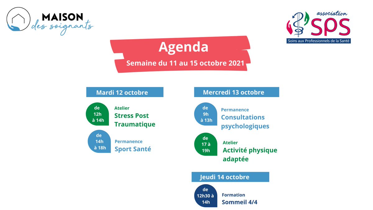 Le programme de la semaine pour vous soigner, vous informer et vous ressourcer !
Inscriptions via notre site maison-des-soignants.fr 
#sportsanté #psy #santémentale #formation #sommeil #soignants #stress #SPT #professionnelsdelasanté #santé #sportsanté  #maisondessoignants