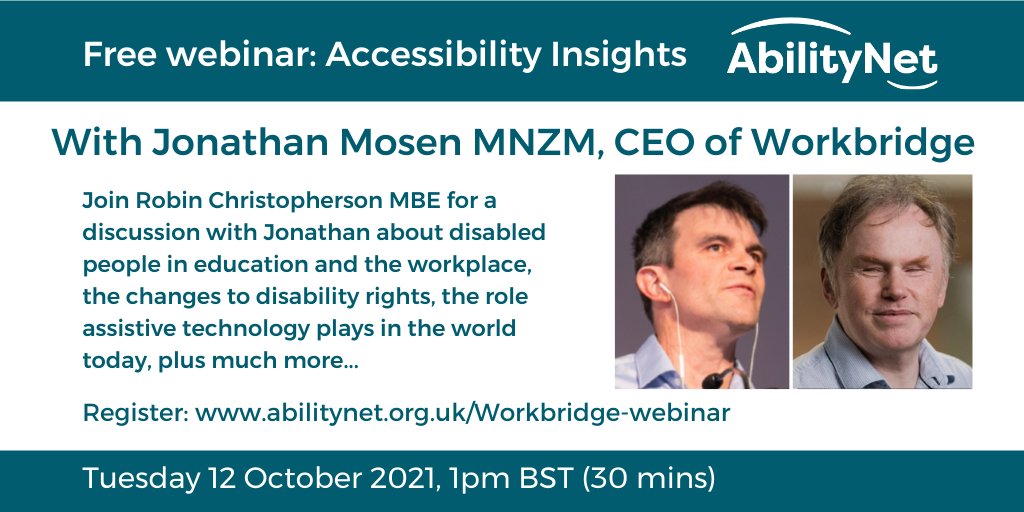 AbilityNet's tweet image. Join us tomorrow for our free #A11y Insights webinar with @JonathanMosen from #Workbridge and @USA2DAY. Jonathan is a disability rights campaigner and will discuss topics such as the changes to disability rights.
Sign up:
us02web.zoom.us/webinar/regist…
@DisRightsUK @MosenAtLarge