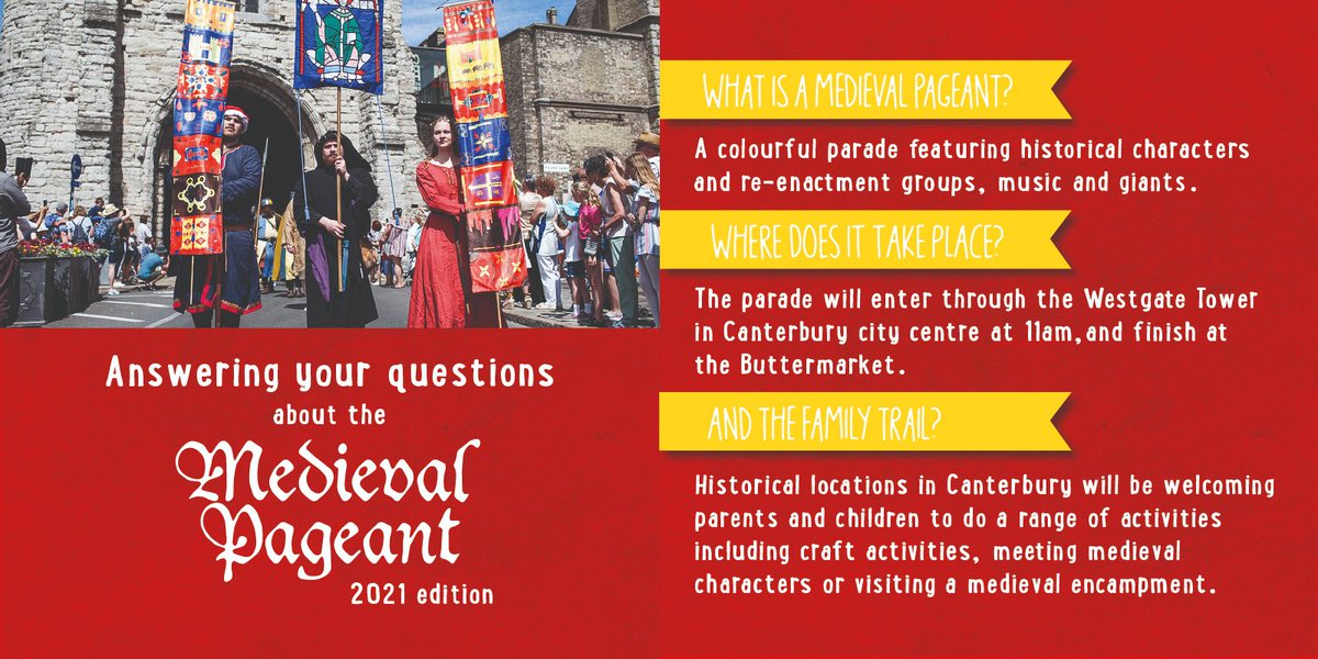 MedievalPageant's tweet photo. Want to know more about the Medieval Pageant? We've got the answers! Here is everything you need to know about the fun-filled #pageant, coming to the city on Saturday 16th October. We hope to see you there!

@CanterburyBID @my_Canterbury #MedievalPageant2021 #Canterbury #Event https://t.co/ILUatMYyQS
