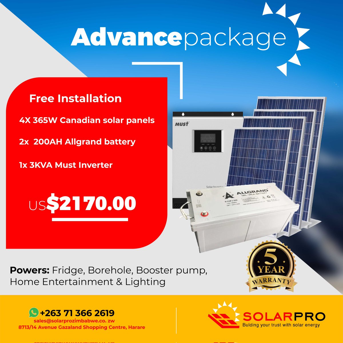 Are you slowed down by the amounts you have to pay for electricity? Break free of huge bills and produce your own electricity. For installation or consultation call/Whatsapp +263713662619

#SolarProZimbabwe #solar #solarsystem #solarenergy #solarpanel #solarpower #solarrooftop