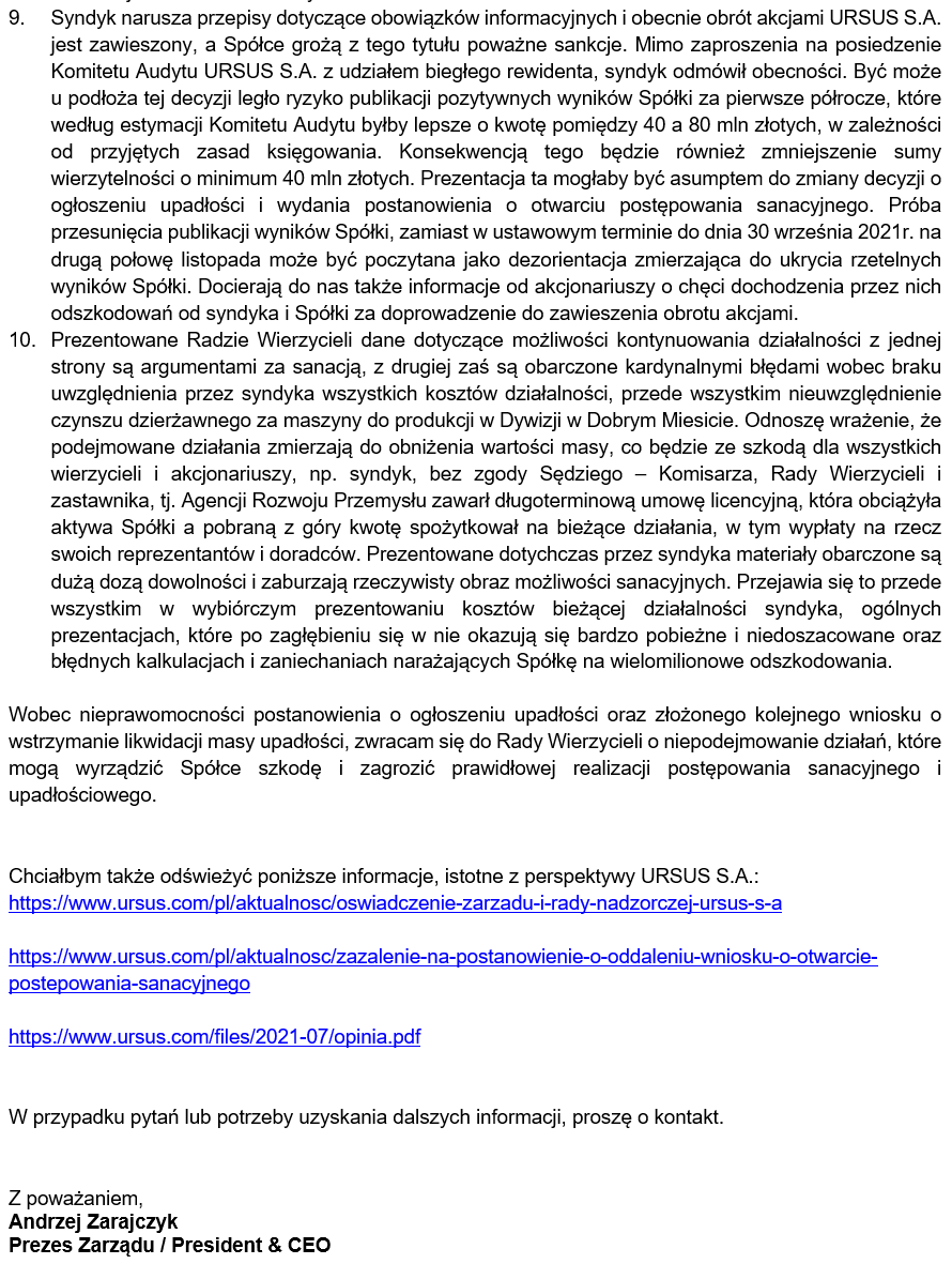 Dziś odbywa się pierwsze posiedzenie Rady Wierzycieli, w zw. z tym w piątek wszyscy jej członkowie otrzymali poniższą wiadomość, opisującą aktualną sytuację w URSUS SA.
#Ursus #RadaWierzycieli #SprawaUrsusa #GPW