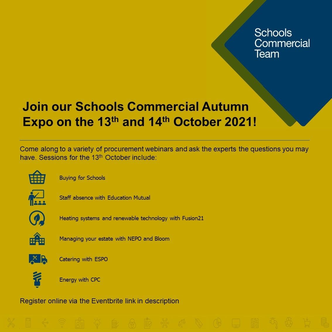 Education Mutual are taking part in the Schools Commercial Autumn Expo on the 13th and 14th of October!

Come and listen to our webinar on Wednesday the 13th at 10:30am💚