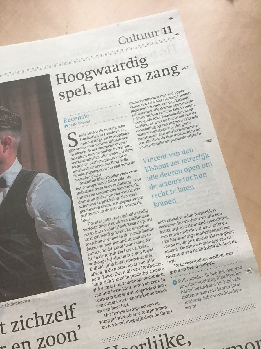 Fantastische recensie over onze voorstelling Sulla Strada in FD van vandaag! Nog geen tickets? blauhynder.nl Sulla Strada is nog te zien t/m 24 oktober (ook matinee) in de Sluisfabriek in Drachten.