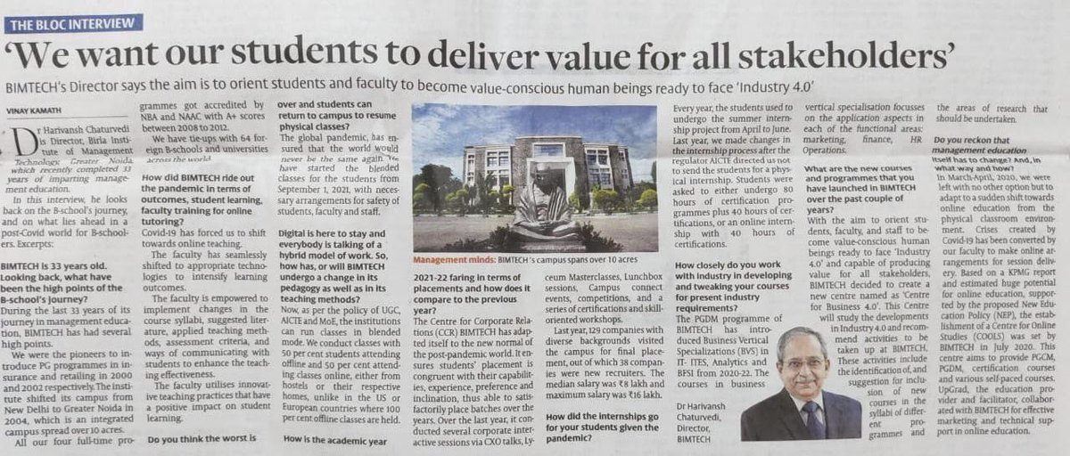 DrHarivanshC's tweet photo. #MBA #ManagememtEducation ⁦@EPSIIndia⁩ ⁦@AICTE_INDIA⁩ ⁦@ugc_india⁩ ⁦@BIMTECHNoida⁩ ⁦@directorBIMTECH⁩  The Hindu Business Line,a leading financial newspaper has published my interview today on management education. Based on 33 yrs journey of BIMTECH. https://t.co/5xKTW8EVJR