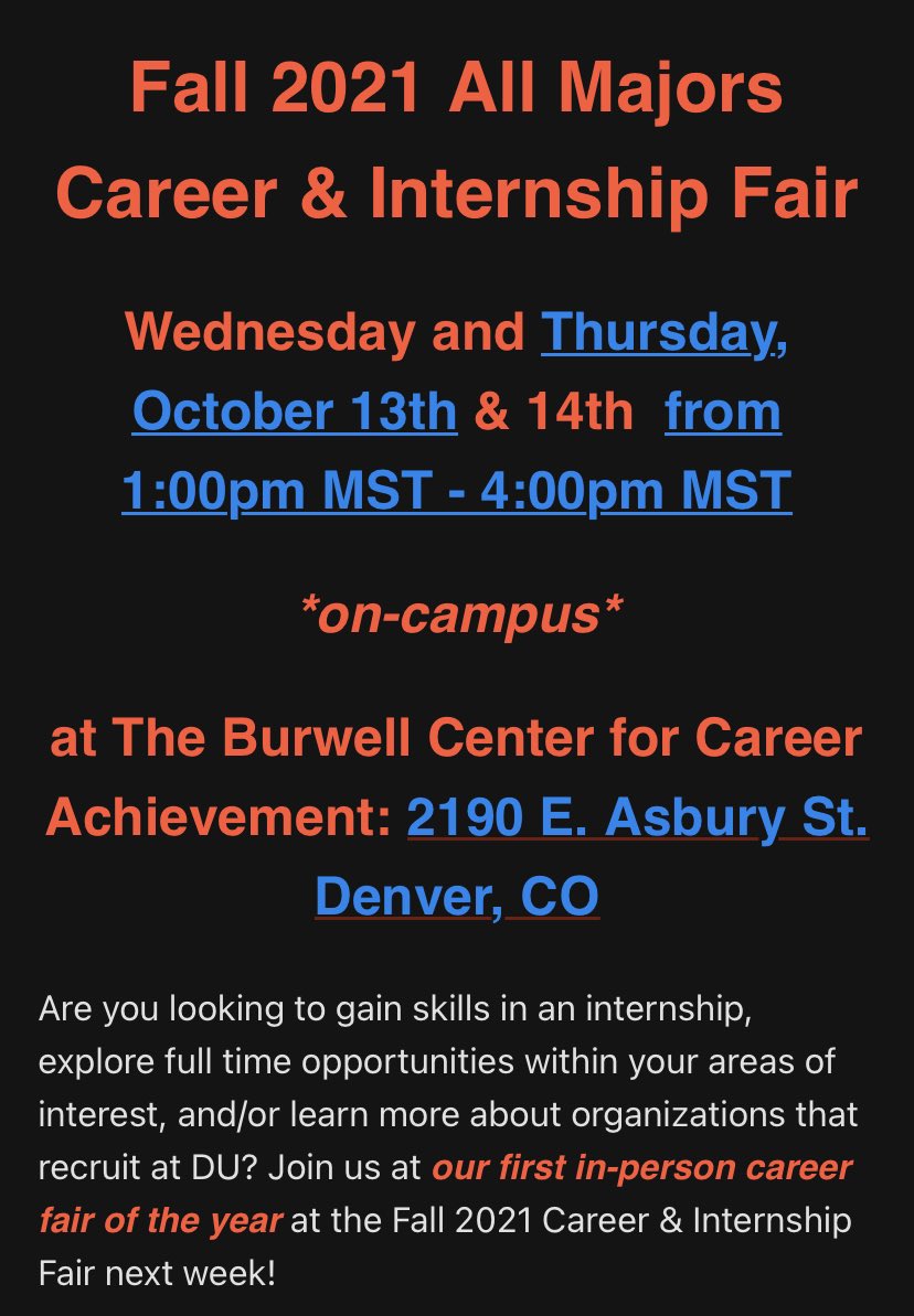 Are you looking for an internship?
The first internship fair of the year is this Wednesday and Thursday!
Click on these links to register!

Wednesday: click.12twenty.com/ls/click?upn=j…

Thursday: click.12twenty.com/ls/click?upn=j…