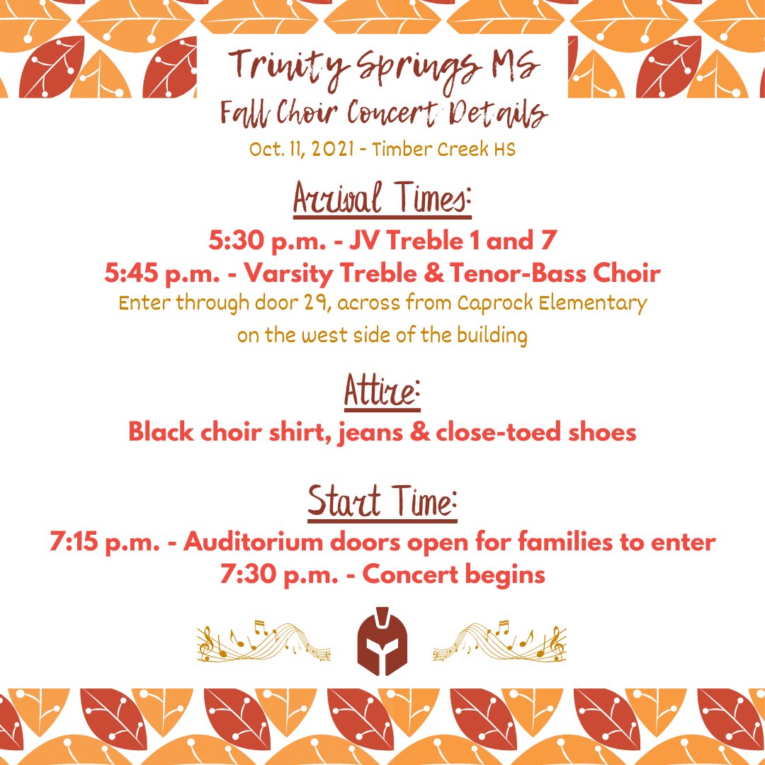 Our TSMS Fall Choir Concert is tomorrow night at 7:30 pm at Timber Creek HS. We’d love to see you there!! #TrinitySings <a href="/TSMSKeller/">Trinity Springs MS</a> <a href="/KISDFineArts/">Keller ISD Fine Arts</a> @jbarrettTSMS <a href="/jleemed/">Jared Lee</a> @MaganLocey