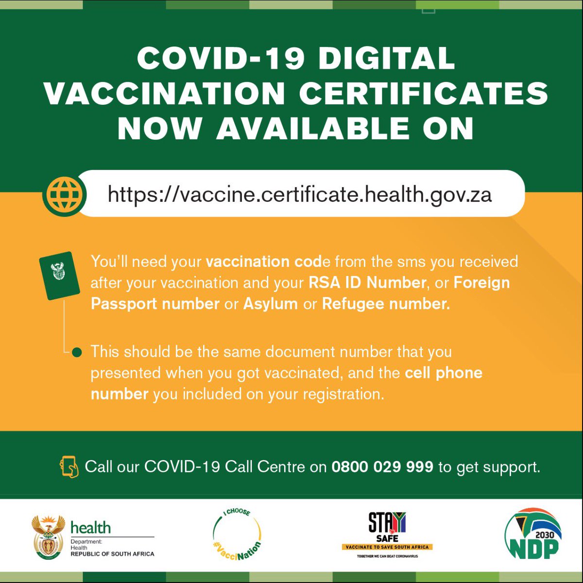 You can download your vaccination certificate here: vaccine.certificate.health.gov.za. The certificate can be used for travel and tourism, sport and recreation events, music festivals, shops that are providing discounts and prizes for people who are vaccinated #VaccineCertificate