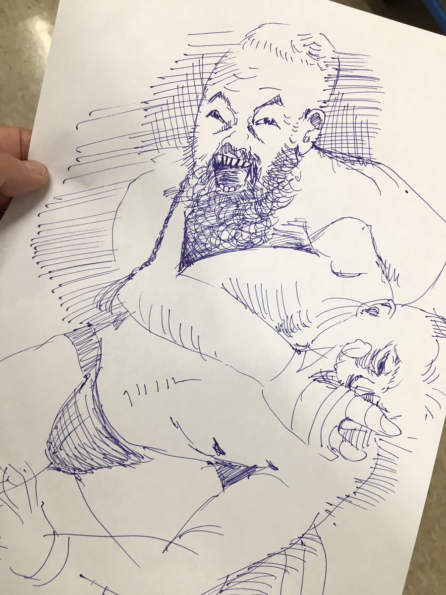 今日のかっ飛ばしはボールペンで描くプロレス。ザックセイバーJr.さんを詰めるグレートーOーカーンさんですが、歯!歯がめっちゃ尖ってて、これは入れ歯なの?それとも中学の技術家庭で使う様なヤスリで歯磨きしてるの?気になっていますよ。