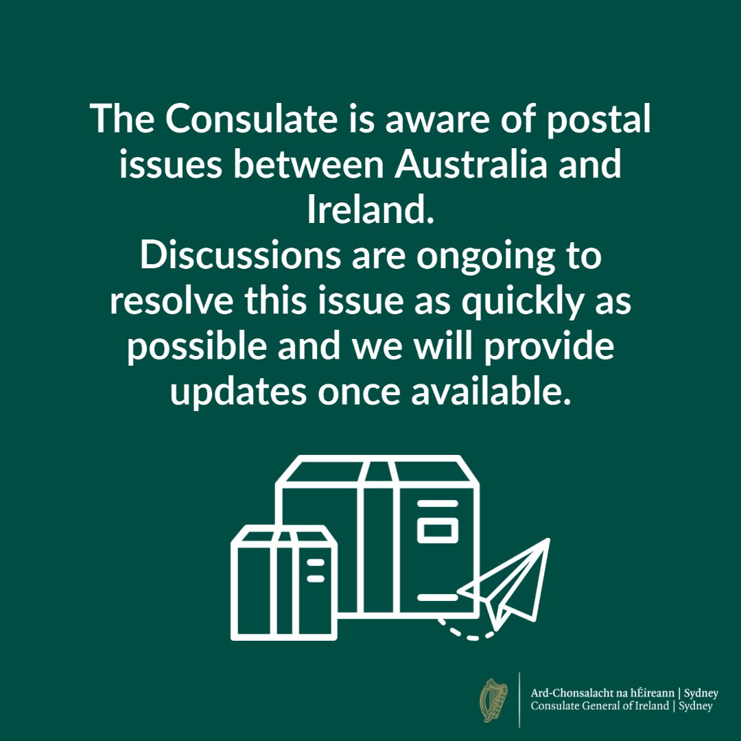 IrelandSydney's tweet photo. The Consulate is aware of issues with parcel delivery between Australia and Ireland. Discussions are ongoing to resolve this issue as quickly as possible. The Consulate will provide updates once available, further information can be found here: https://t.co/V7BoMI1DJN https://t.co/hAfmiS1tpB