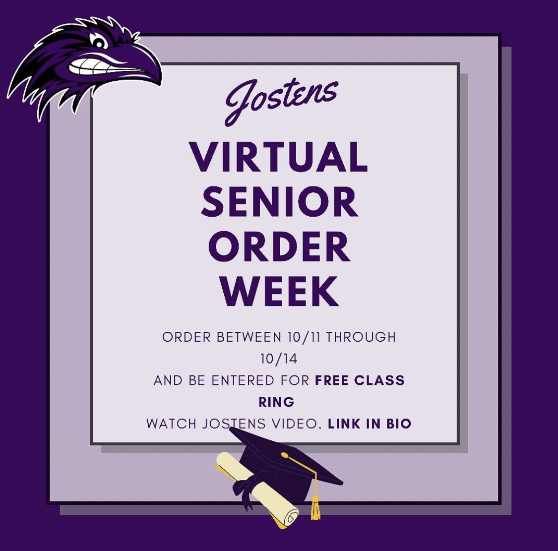 SENIOR ORDER WEEK: If seniors order their cap and gown this week (10/11-10/14) they will be entered to win a FREE class ring!! Video is in the link in our bio. CHECK IT OUT!! #ravenpride 💜🖤 #seniorszn #2022