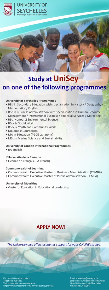 UniofSeychelles's tweet photo. Don't miss out on your chance to WIN a UniSey goodie bag !!!!
INVITE, SHARE and TAG UniSey!
#UniSey #education #UniversityofSeychelles #follow #retweet #Business #CEMBA #CEMPA #Environment #Law #Computing #Education #SocialWork #Journalism #Languages https://t.co/4xOPWsCeci