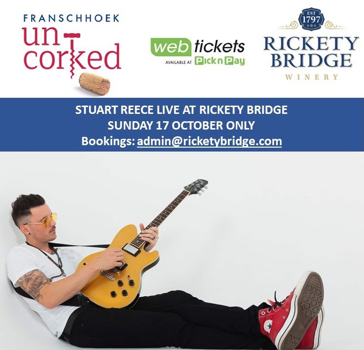 Catch <a href="/StuartReeceBand/">Stuart Reece</a> live at @RicketyBWinery this Sunday - 17 Oct as part of the Franschhoek Uncorked weekend. 14 wineries, two days, wine tastings, live music, great food! Book at <a href="/webticketsSA/">webtickets.co.za</a>. Only R220pp. Let's celebrate moving to lockdown level 1.