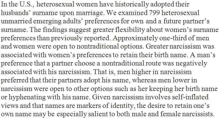 DegenRolf's tweet photo. Male and female narcissists are more likely to want to retain their surname after marriage. https://t.co/JHycL241CF https://t.co/gnoJ08NbCT