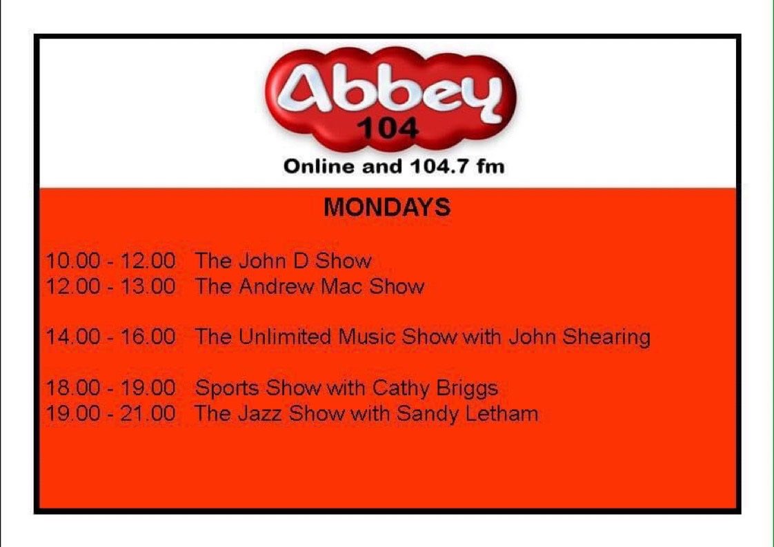 We are spread far &amp; wide today here on Abbey104, a full programme of Shows today from the Studio on this special Monday. Also our team are supporting the community <a href="/PackMondayFair/">Events Crew FABRICATION</a> in Sherborne today, so come &amp; say hello. Broadcasting locally &amp; online.
 abbey104.com 👈