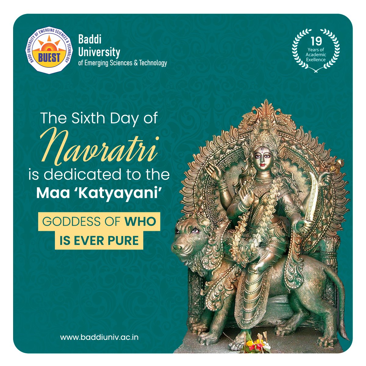 BaddiUniversit's tweet photo. 6th day of Navratri!!

Today is the sixth day of Shardiya Navratri and is dedicated to Maa Katyayani. Devotees pray to Goddess Katyayani, who is known as one of the most powerful forms of Goddess Durga.

#jaimatadi #Katyayani #navratrispecial #BaddiUniversity #lifeatbuest #BUEST https://t.co/NcShT700FF