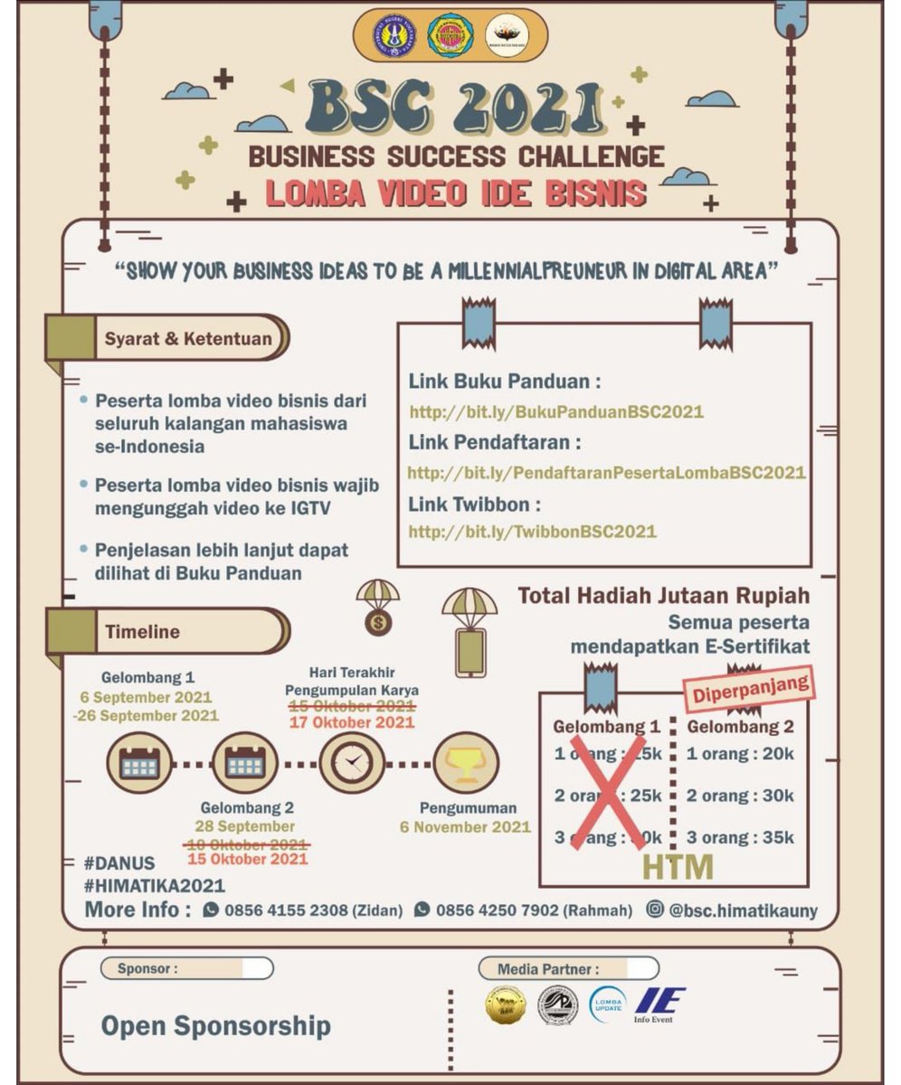 HIMATIKA_UNILA's tweet photo. ―• HIMATIKA SHARE
HIMATIKA FMIPA UNY PROUDLY PRESENT
┏💡💰━━━━━━━┓
BUSINESS SUCCESS
CHALLENGE 2021
(LOMBA VIDEO IDE BISNIS)
┗━━━━━━━━━💡💰┛
Show Your Business Ideas To Be A Millenialpreuneur In Digital Area
#DANUS
#HIMATIKA2021 https://t.co/vr9g7rYUUC