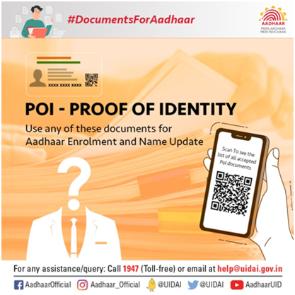 UIDAILucknow's tweet image. #DocumentsForAadhaar
पहचान का प्रमाण (PoI) फोटो के साथ आपका पहचान पत्र है। #आधार नामांकन और अपने आधार में नाम अपडेट करने के लिए इस दस्तावेज़ का उपयोग करें। PoI दस्तावेजों की सूची के बारे में जानकारी के लिए https://.gov.in/images/commdoc/valid_documents_list.pdf पर लॉग इन करें ।