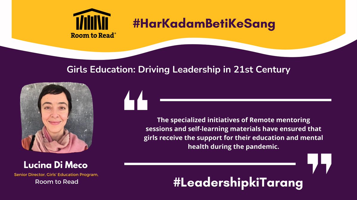roomtoreadindia's tweet photo. Lucina Di Meco, Senior Director, Girls’ Education Program, RtR, speaks at the RtR #webinar "Girls Education: Driving Leadership in 21st Century".
#harkadambetikesang #leadershipkitarang #leadership #roomtoreadindia #campaign #lifeskills #girlseducationprogram #mainbhileader https://t.co/86AqIrI7oA