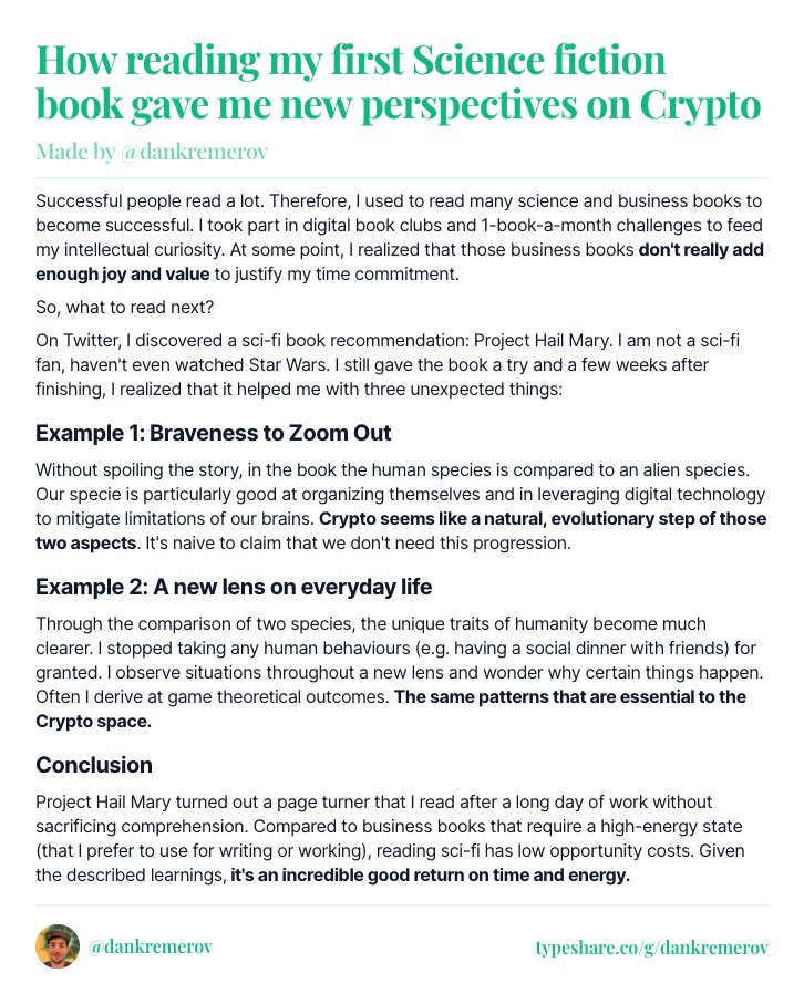 How reading my first Science fiction book gave me new perspectives on Crypto?

As part of my serendipitous discovery process for #Ship30for30 I drew some lines from reading #ProjectHailMary by <a href="/andyweirauthor/">Andy Weir</a> and my exploration of #cryptocurrency