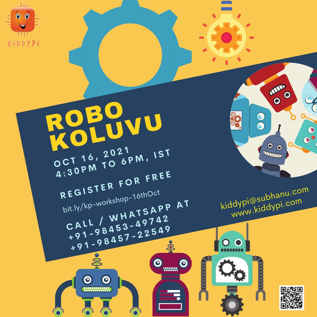 kiddypi1's tweet photo. Only 5-days To Go…

Join us in the Navratri Special Workshop - Robo Koluvu 

Saturday, 16th Oct | 4:30 to 6:00 PM, IST 

Register for free! 
https://t.co/3esugYIpcF

+91-98453-49742

#navratri2021 #navratrispecial #3DDesign #roboticsforkids #challenge #koluvu #kiddypi #STEMed https://t.co/azDnrlW5qA