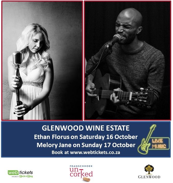 Looking forward to seeing &amp; hearing <a href="/EthanFlorus/">Ethan Florus</a> and @meloryjane at @GWVineyards this weekend during the Franschhoek Uncorked festival. And of course tasting some amazing GlenWood wines. Book at <a href="/webticketsSA/">webtickets.co.za</a> for what promises to be a fab weekend of wine, food and live music.