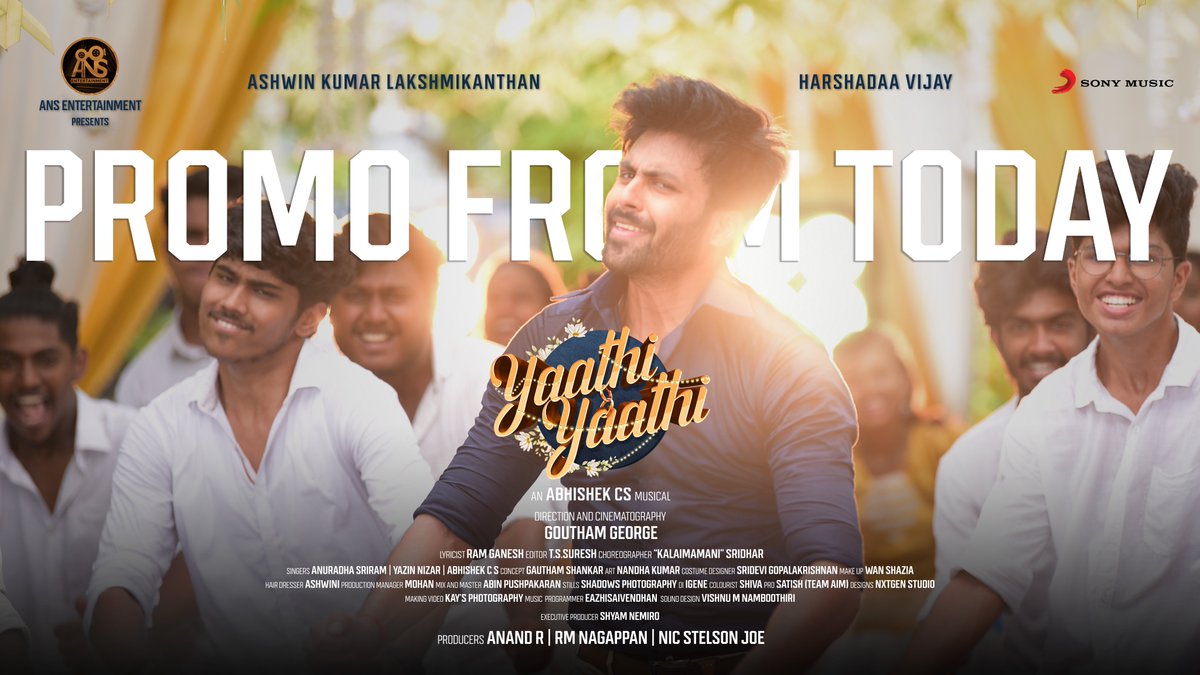 Festival Vibe start onwards today🥳

#YaathiYaathiPromo coming at 7️⃣PM get ready ⏳

@i_amak @harshadaa_vijay @abhishekcsmusic @goutham_george @JoeStelson @Anand95428804 @LyricistRam @rm_nagappan  #ARSridhar