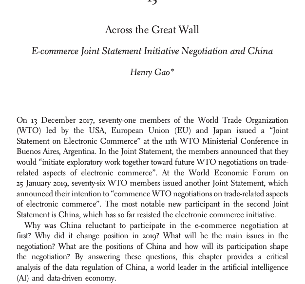 My paper is just published by <a href="/CUP_Law/">Cambridge University Press - Law</a> in a volume edited by <a href="/pengshinyi/">Shin-yi PENG</a> <a href="/ChingFuLin/">Ching-Fu Lin</a> <a href="/t_streinz/">Thomas Streinz</a>. It is the first paper to provide a comprehensive analysis of China's participation in <a href="/wto/">WTO</a> E-commerce Joint Statement Initiative Negotiation with a detailed analysis of China's subs.
