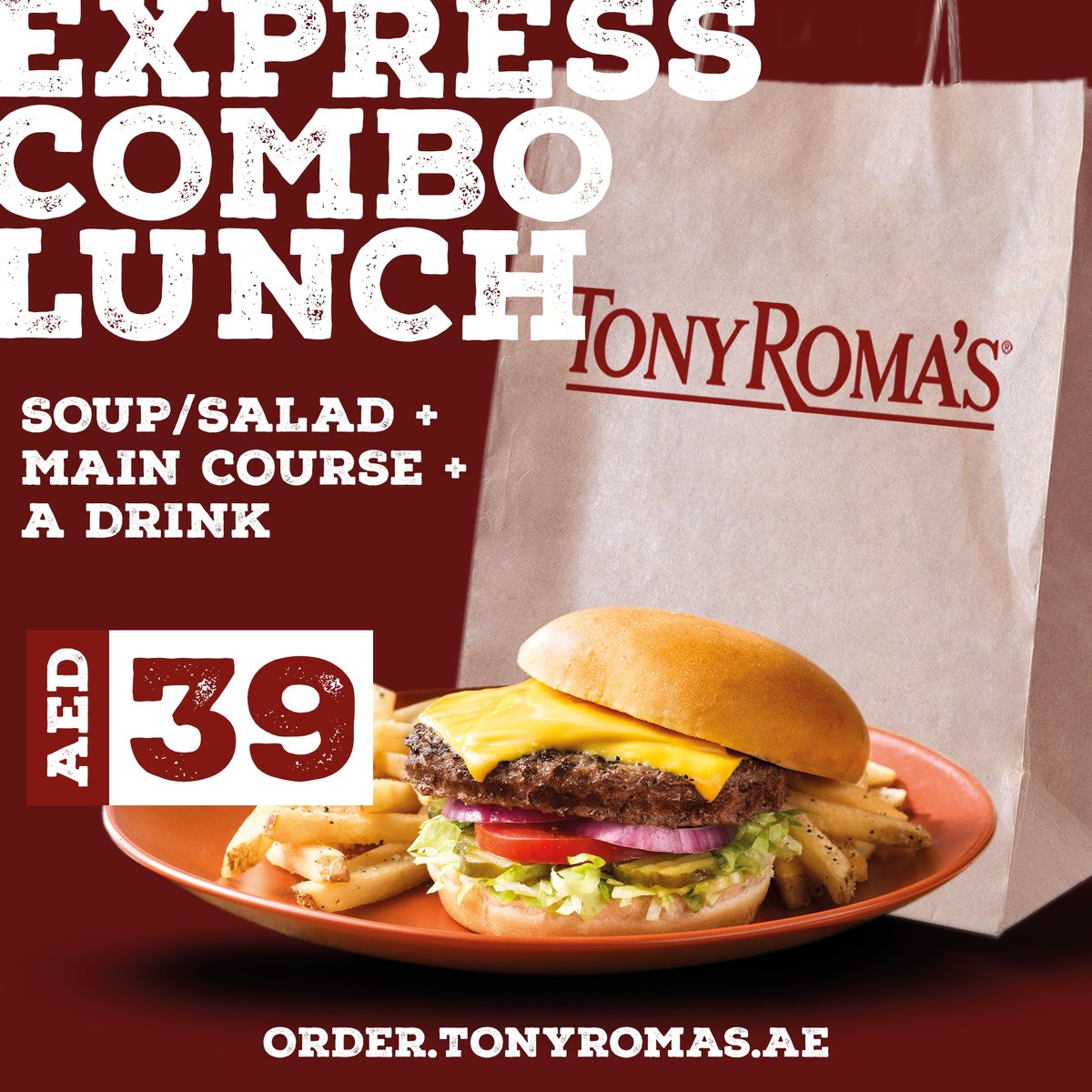 arabiancenter's tweet photo. Visit @tonyromasuae and order their amazing Lunch Combo offer for only 39 AED. Enjoy a salad or soup with a main course and your choice of drink. Available weekdays from 12pm to 5pm at #arabiancenter!
#TonyRomasUAE #GetSaucyUAE #TonyRomas #lunchtime #expresslunch #lunch #gourmet https://t.co/bRLmR2Deuc