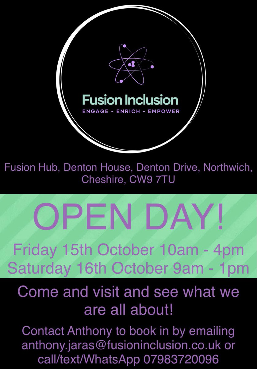FusionIncNW's tweet photo. Fusion Inclusion - A new daily enrichment service, promoting friendships and providing fun, leisure, recreation and fitness related activities in Northwich at our very own hub.  

Get in touch to book in for open day, this weekend. 😊

https://t.co/M1KMBEN0jf https://t.co/RBdRQ8yxRv