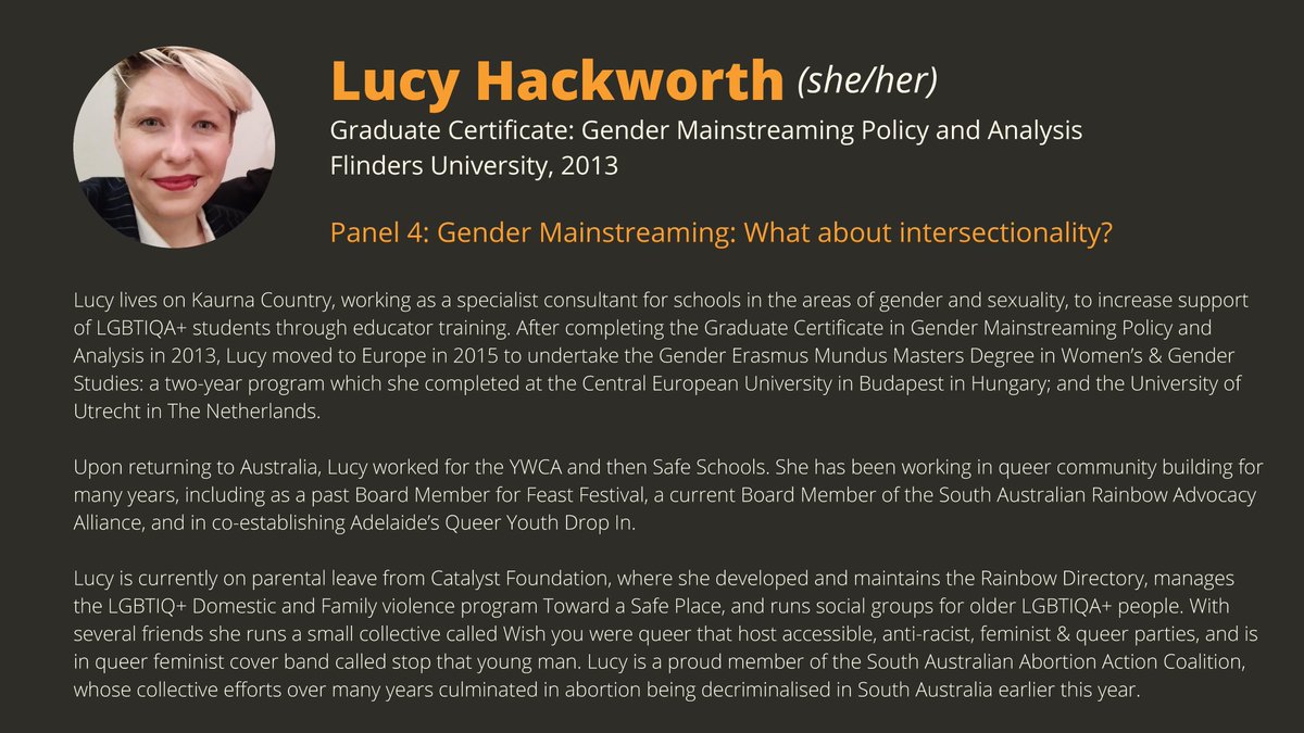Next to podium is Grad Cert in Gender Mainstreaming &amp; Analysis alumna Lucy Hackworth. Lucy, on parental leave from the <a href="/CatalystFndn/">Catalyst Foundation</a>, is a community builder incl. past board member <a href="/FeastFestival/">Feast Festival</a>, board member SA Rainbow Alliance &amp; proud member of SA Abortion Action Coalition.