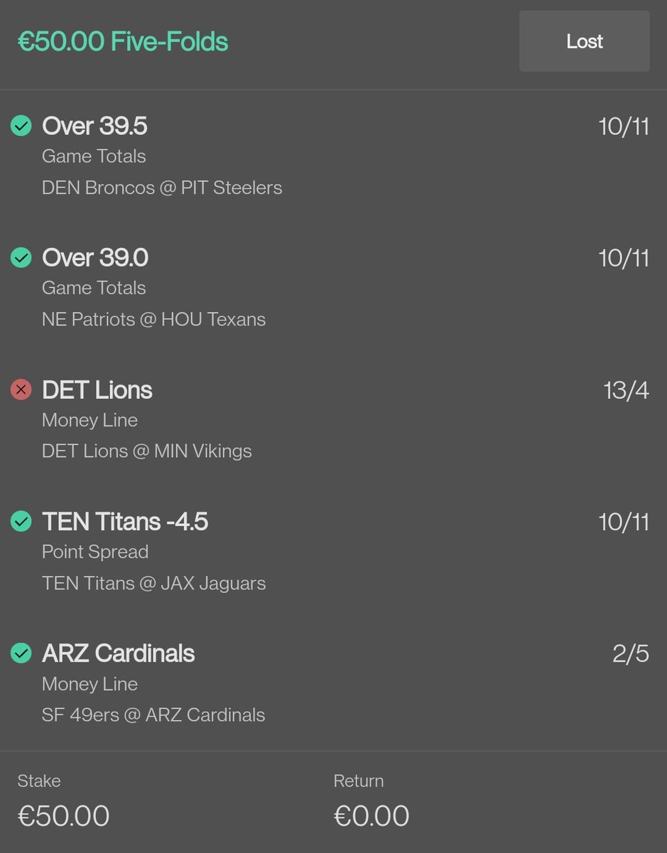 RunningWalks's tweet photo. For those that watched the Lions game - this one hurt! 41/1. #NFLPicks https://t.co/aT3NQEZMnZ