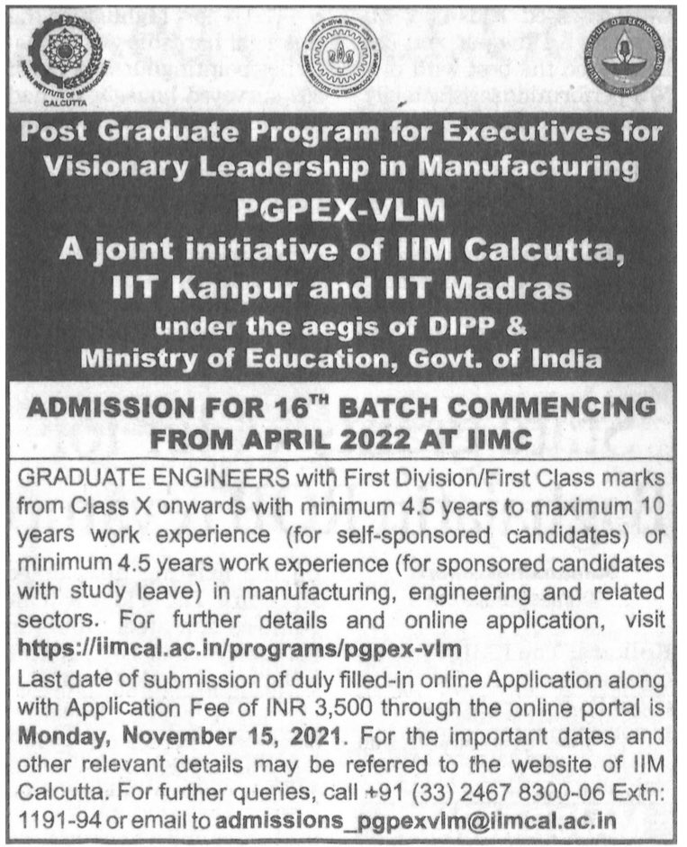 IIM_Calcutta's tweet photo. PGPEX-VLM is a programme that fulfills the current industry’s growing demand for techno-managerial leaders who shape the neo-industrial revolution. Admissions open now! Click here to know more about the programme- https://t.co/3EnGqHVjiB
#pgpexvlm #iimcal #iitkanpur #iitmadras https://t.co/MMk0vL36pL