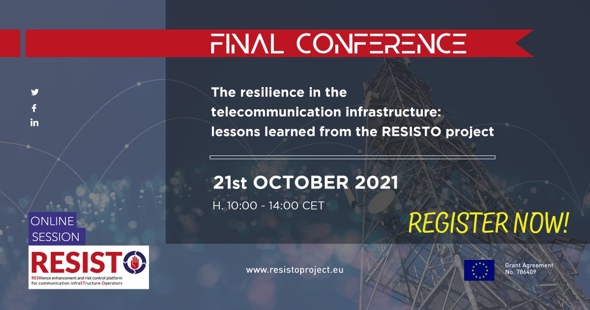 📢 REGISTER NOW! #RESISTO Final Conference 👇
📅 21/10 | 10.00 - 14.00 CET
A panel discussion will provide participants with the opportunity to take part in the debate related to the security gaps in telecommunication systems.
Info &amp; free Registration ▶️ bit.ly/3F01eE8