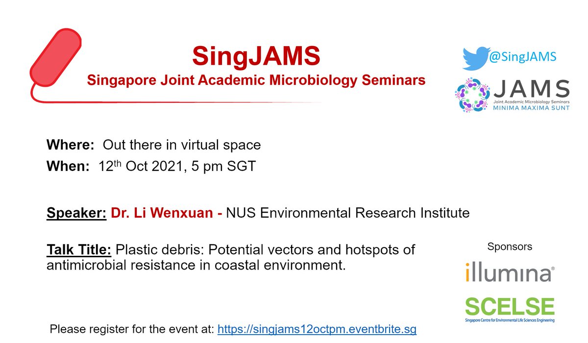 Join us tomorrow at SingJAMS for a talk on marine plastic debris as vectors of AMR in Coastal environments. Dr. Wenxuan Li (Karina Gin’s Lab) from NUS Environmental Research Institute will be presenting her research. Don’t miss it! singjams12octpm.eventbrite.sg