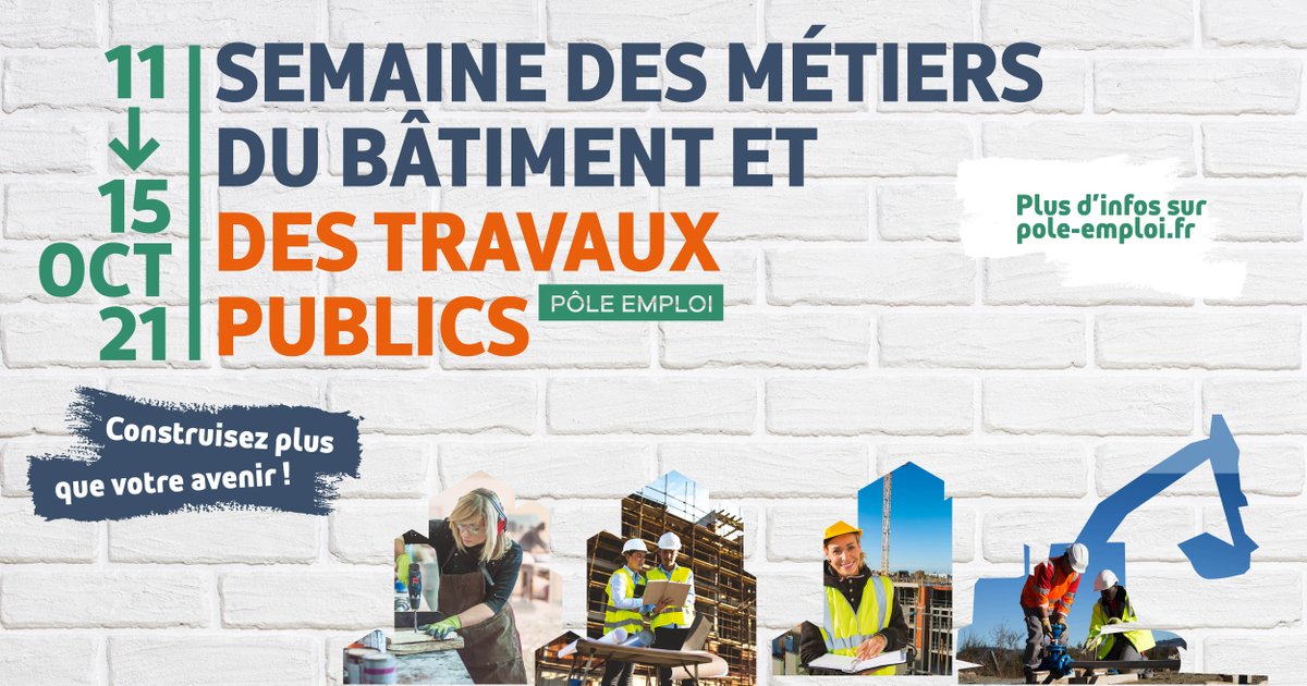🚩 1ère semaine des métiers et des travaux publics en partenariat avec @pole_emploi.
Objectifs 👉 donner de la visibilité sur les recrutements, informer sur les métiers et #formations, démontrer l’accessibilité aux femmes et  personnes en situation de handicap.
#TousMobilisés