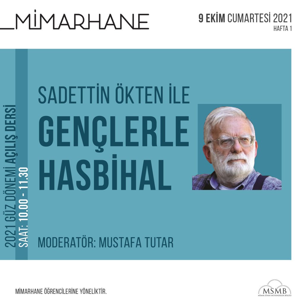 Mimarhane 2021 Güz Dönemi Sayın Sadettin Ökten’in konuk olduğu program ile başladı. Tüm Mimarhane öğrencilerine verimli bir dönem diliyoruz.✨