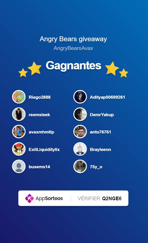 AngryBearsAvax's tweet photo. Congratulation!🥳

Send your c-chain address by private message🔺

@Riego2888 @Adityap00699261 @reemsleek @DemrYakup @avaxmhmtlp @anto76761 @ExitLiquidity0x @Brayleenn @busems14 @75y_o https://t.co/Hdp8eLt4WH