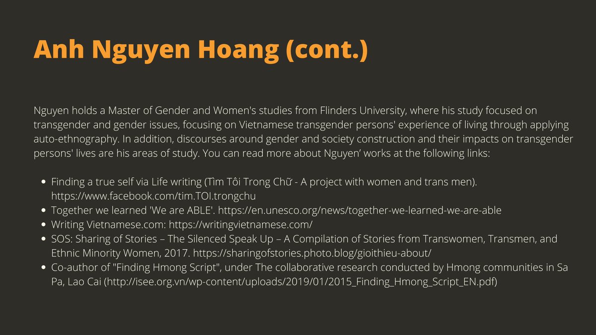 Our final speaker is Anh Nguyen Hoang, <a href="/AustraliaAward/">Australian Awards</a> alumnus, recently graduating with a Master of Arts in Women's Studies. A proud Ethnic Minority Tay person, Hoang now works for <a href="/UNESCO/">UNESCO 🏛️ #Education #Sciences #Culture 🇺🇳</a> 🇻🇳 on projects that build on his studies &amp; past work with LGBTQI+ Ethnic Minority folks.
